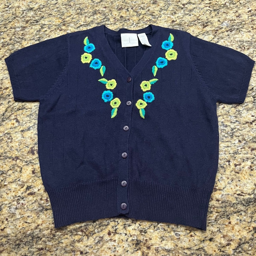 First Issue Liz Claiborne Navy Blue Floral Embroidered Cardigan Sweater Large
